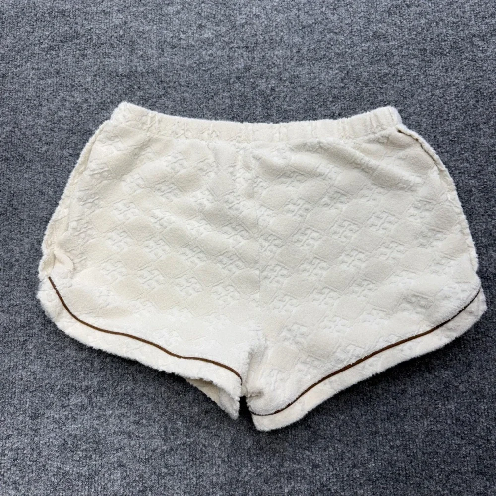Tory Burch Ivory T-Monogram Terry Cloth Lounge Shorts Small Cream Piping